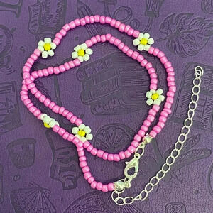 Handmade Pink Daisy Seed Bead Choker Necklace